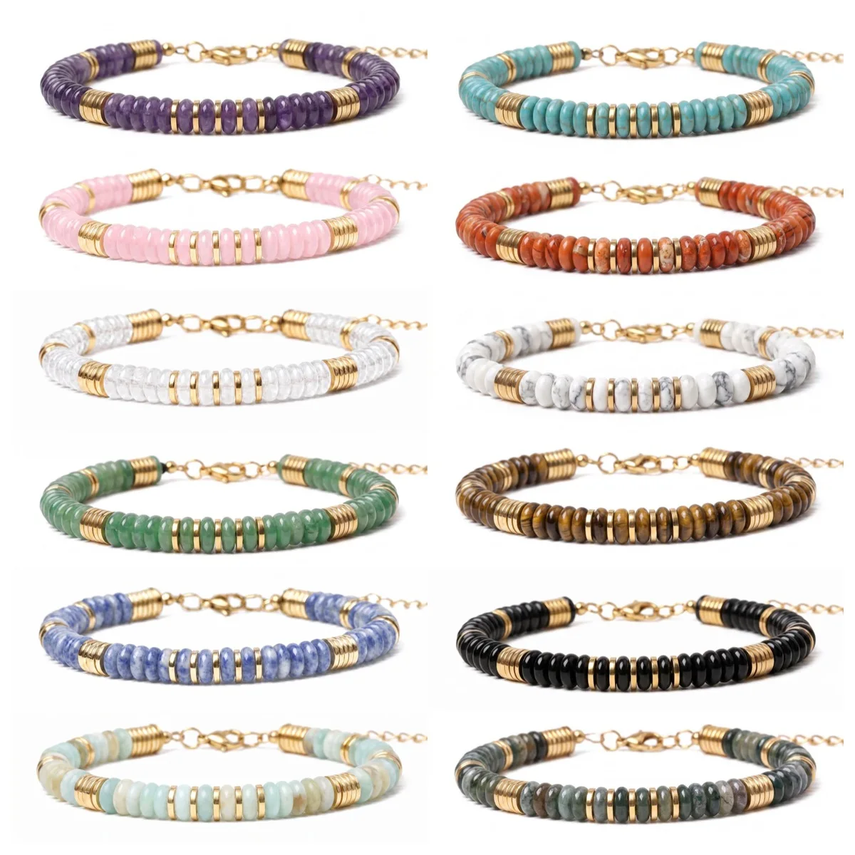 Mens Fashion Discord - 6x3MM Disc Beaded Gemstone Bracelet Adjustable