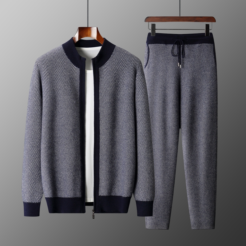 100% Merino Wool Jacquard Set  - Knitted Cardigan Men 评论和价格