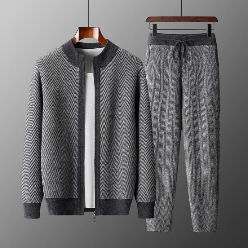 100% Merino Wool Jacquard Set  - Knitted Cardigan Men 评论和价格